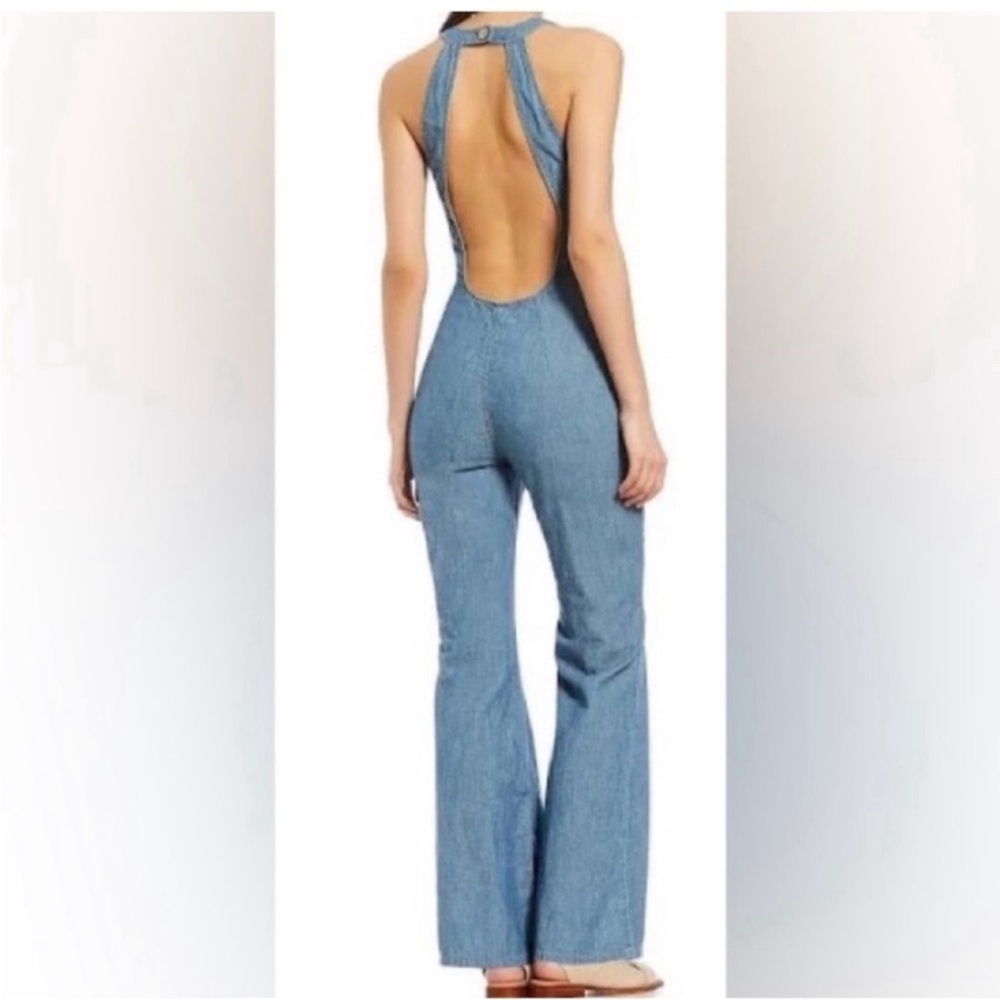 FREE PEOPLE DANCE ALL NIGHT CUT OUT BACKLESS DENIM JUMPSUIT size 0 - Picture 4 of 9